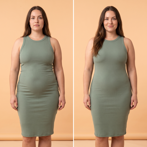 Sans et avec la culotte gainante sous une robe verte moulante