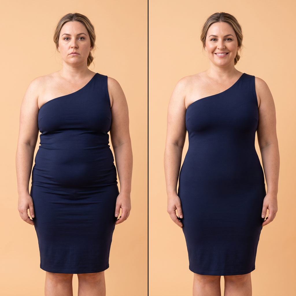 Sans et avec la culotte gainante sous une robe bleu marine