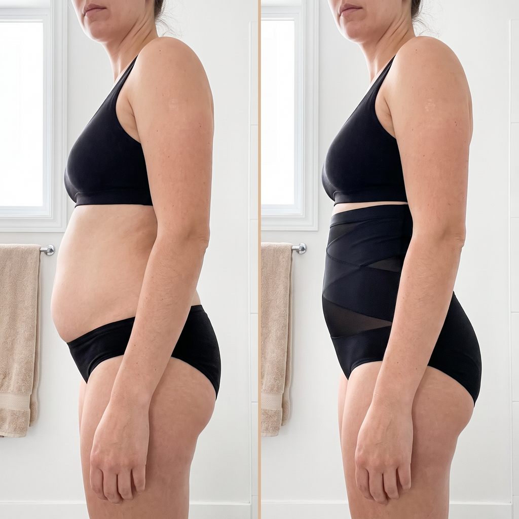 Sans et avec la culotte gainante de profil, ventre maintenu