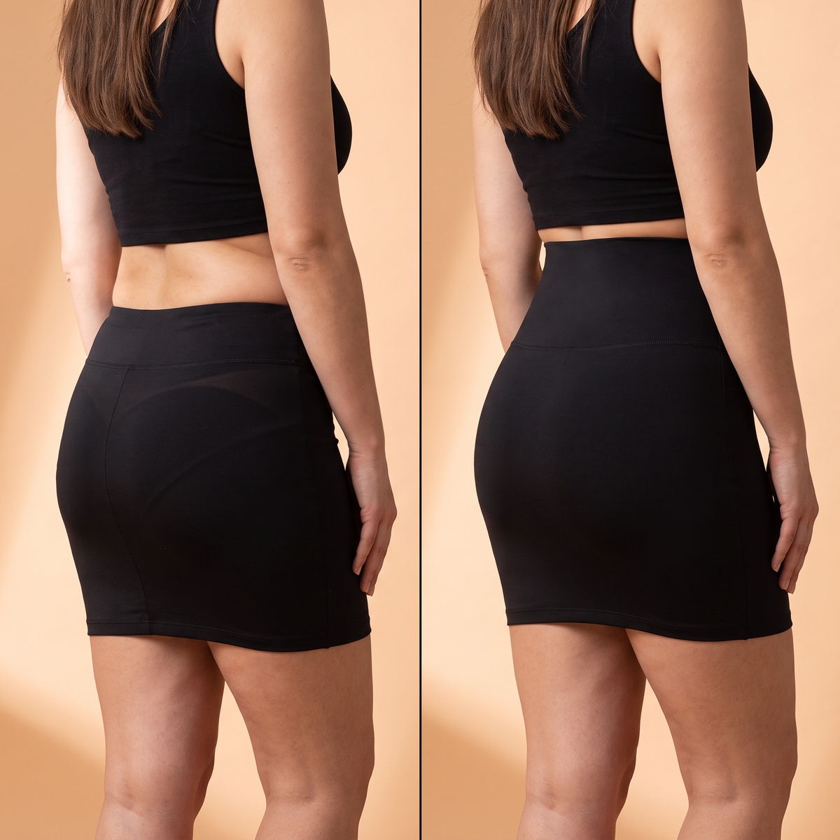Sans et avec la culotte gainante de dos sous une jupe