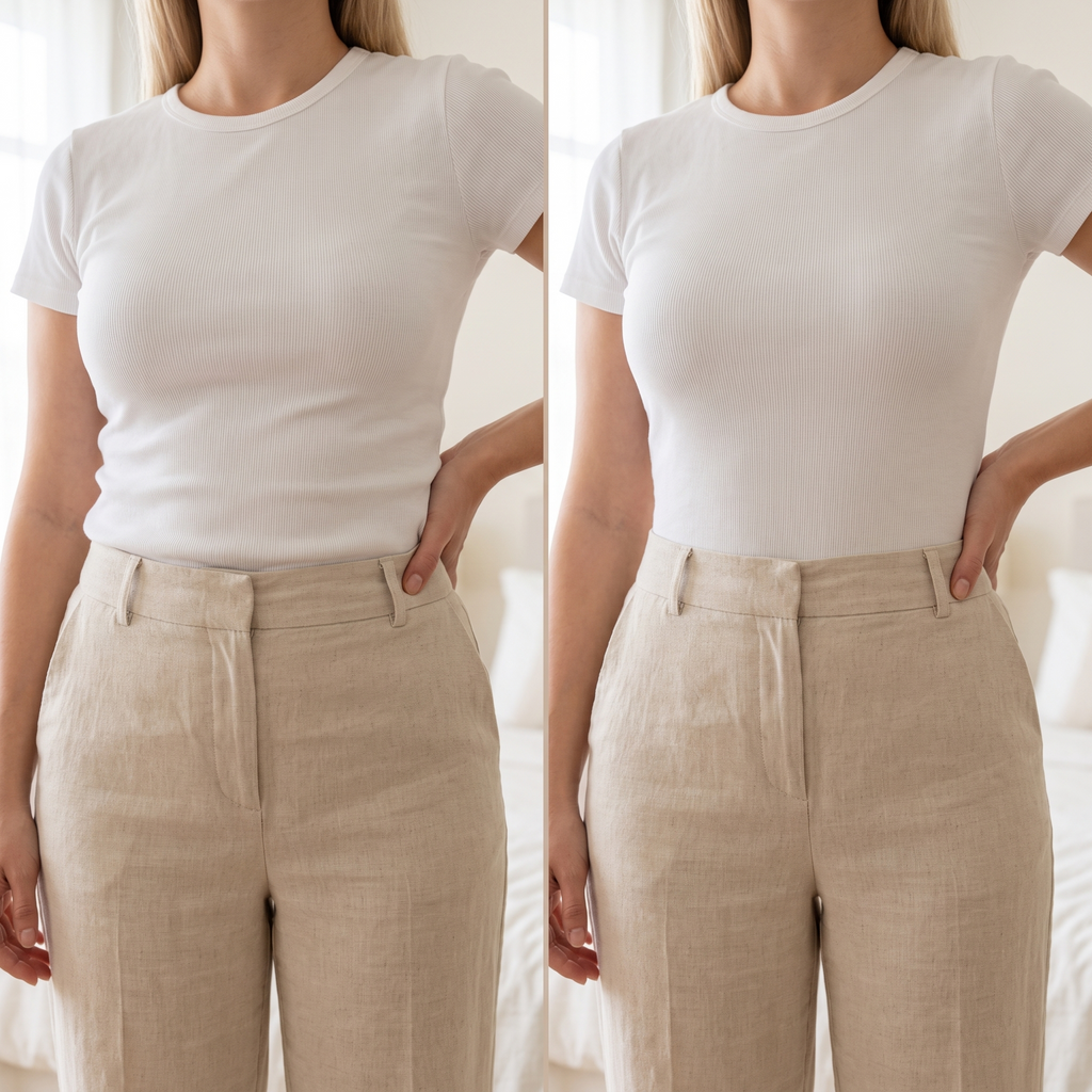 Sans et avec la culotte gainante sous un t-shirt et un pantalon