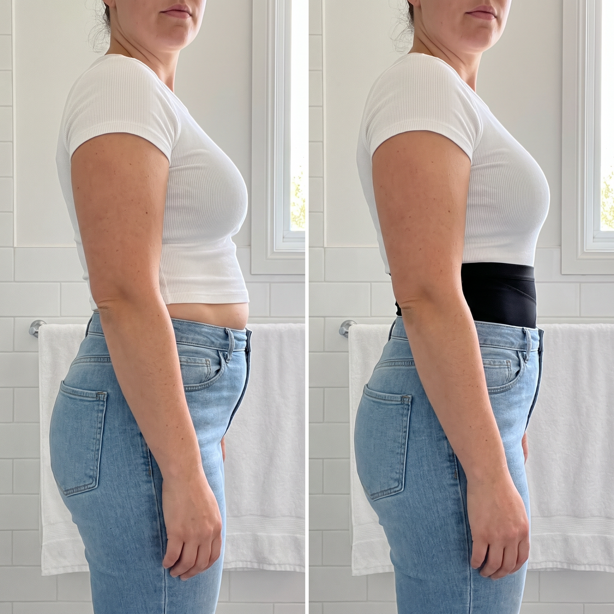 Sans et avec la culotte gainante sous un jean taille haute