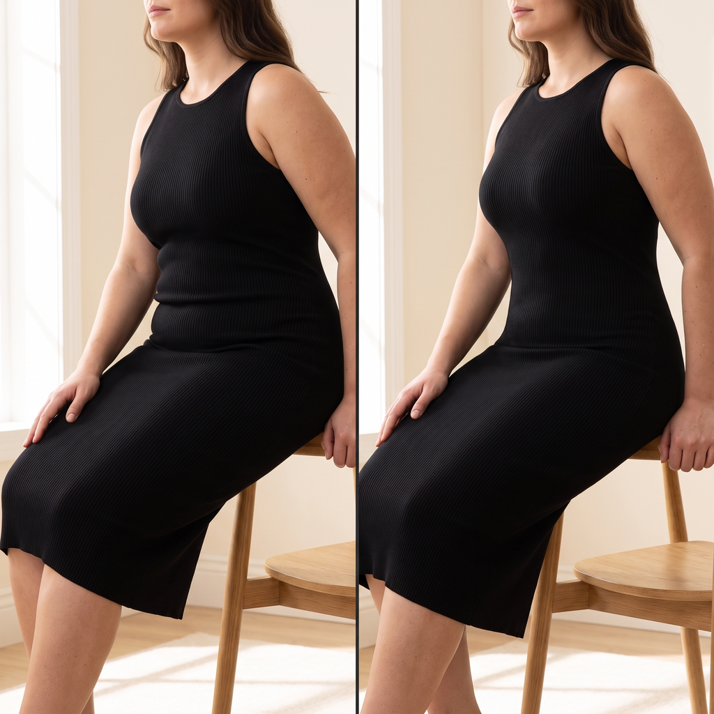 Sans et avec la culotte gainante en position assise sous une robe