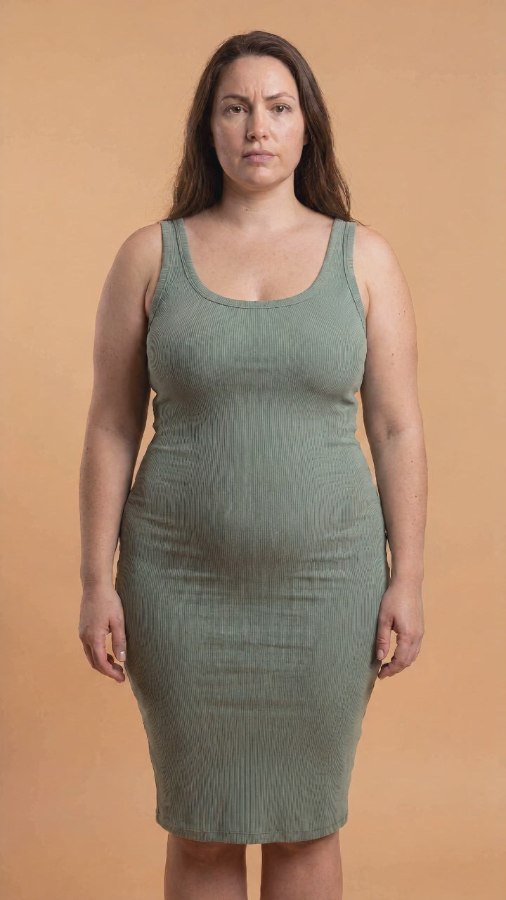 Vidéo sans et avec la culotte gainante sous une robe verte